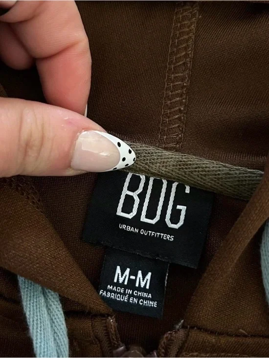 Urban Outfitters Brown Cropped Hooded Jacket with Light Blue Drawstrings - Picture 2 of 6